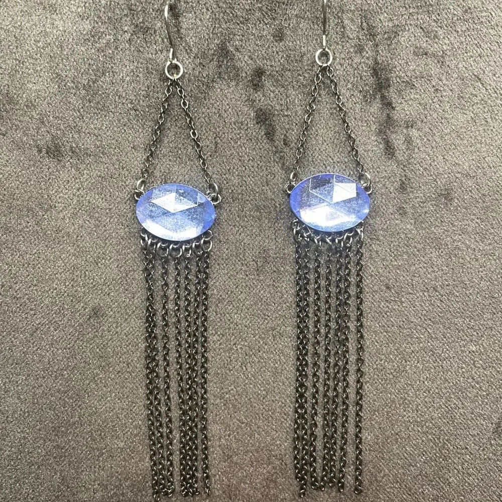 EUC - Blue Mirrored Jewel Chain Pierced Earrings - Blue/Black
